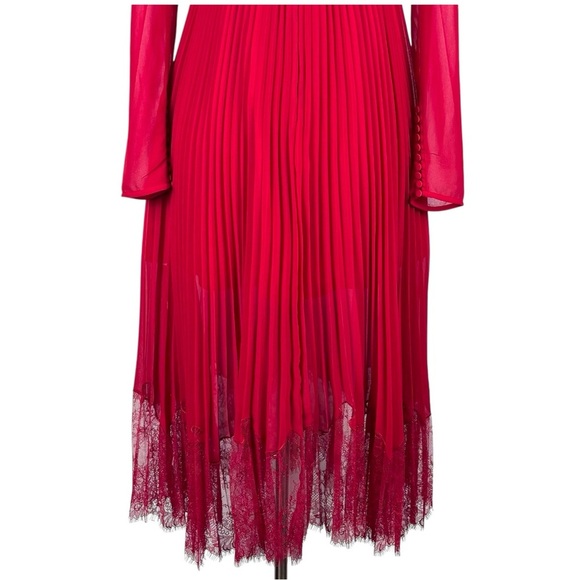 SELF PORTRAIT DARK RED CROSS FRONT LONG SLEEVE PLEATED SKIRT LACE MIDI DRESS - Picture 12 of 15